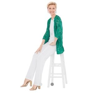 Chicos Travelers Guipure Soutache Cabanna Green Open Tape Lace Jacket 8 M NWOT